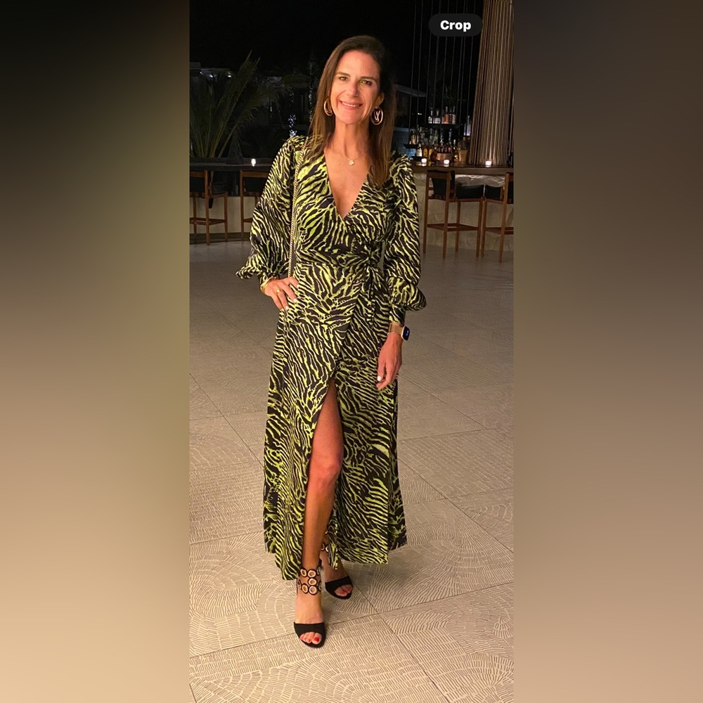 V-Neck Long Sleeve Zebra Print Maxi Dress in Lime Green & Black